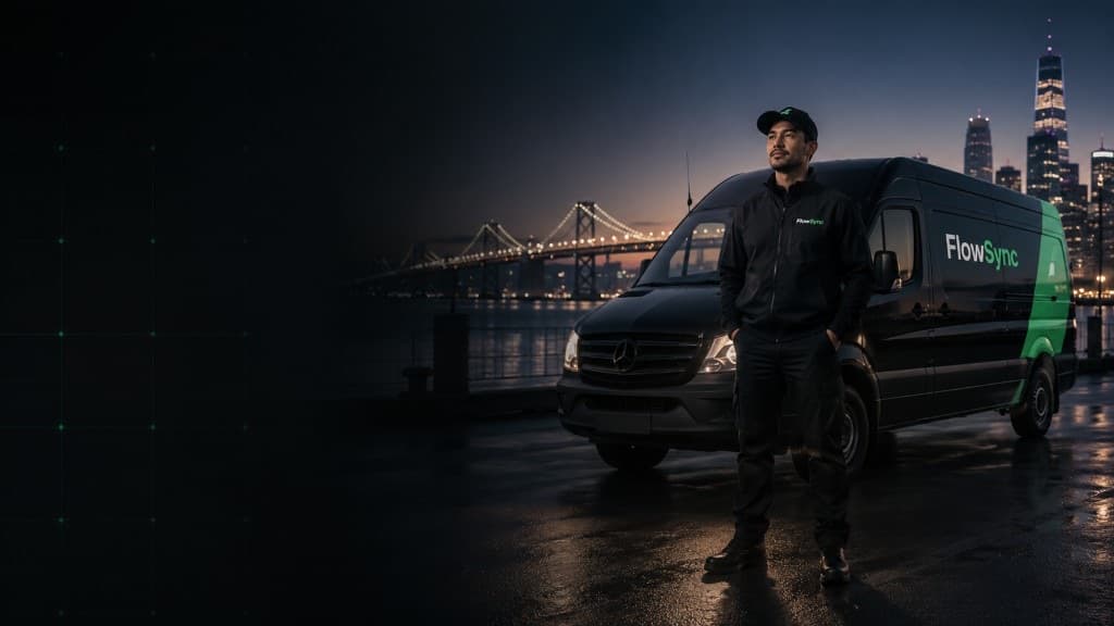 A FlowSync driver standing beside a branded delivery van at dusk.